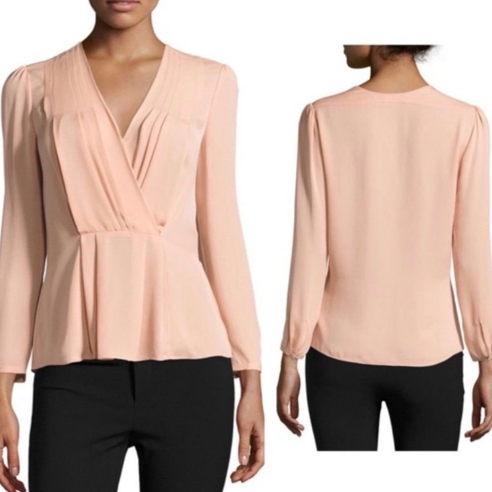 Rebecca Taylor Georgette Faux Wrap‎ Blouse size 2 Pleated Silk V Neck Pink